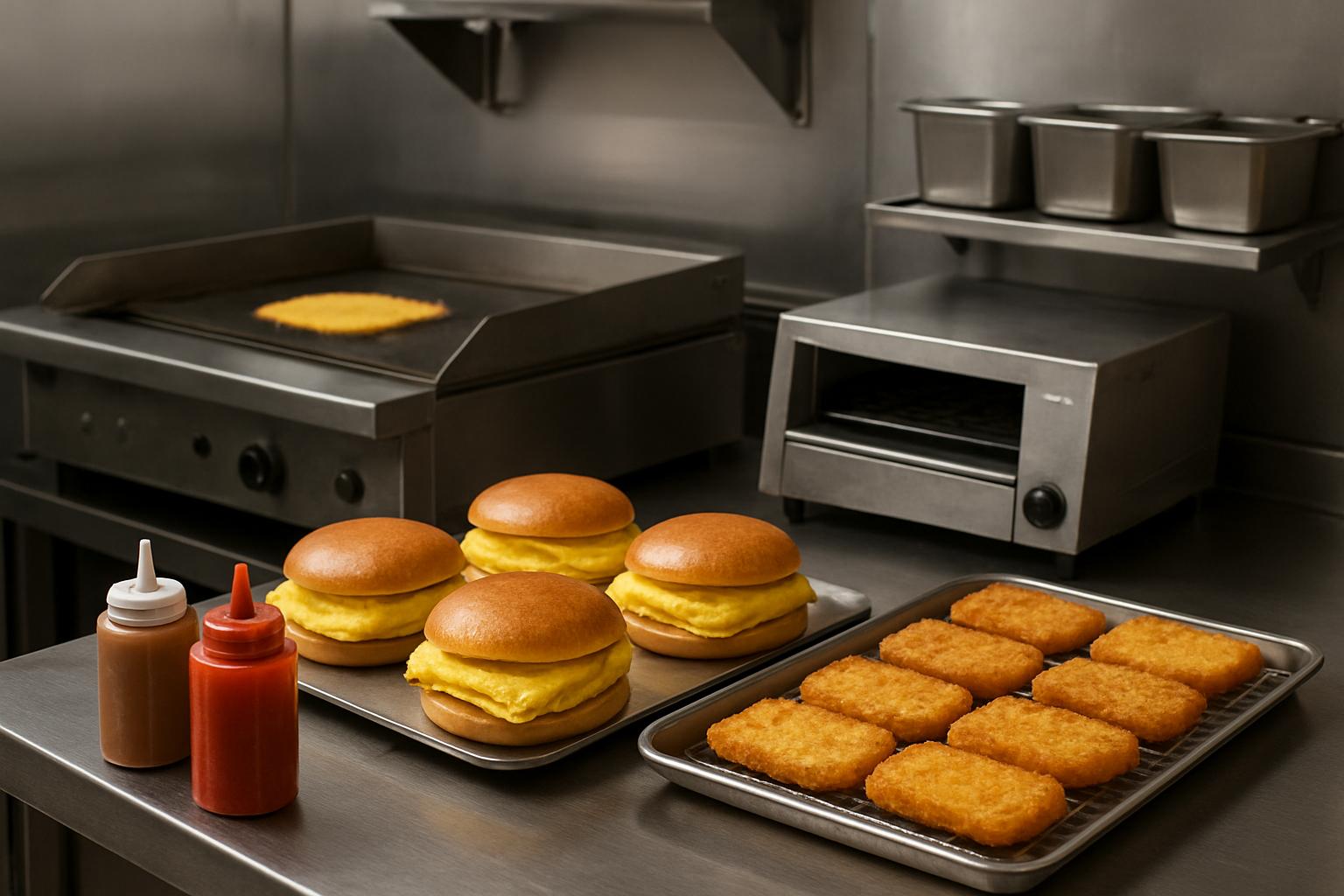 Завтраки фастфуд: омлетные сэндвичи, хэшбрауны, соусы — выдача за 3–5 минут  . Оборудование и планировка кухни для скорости