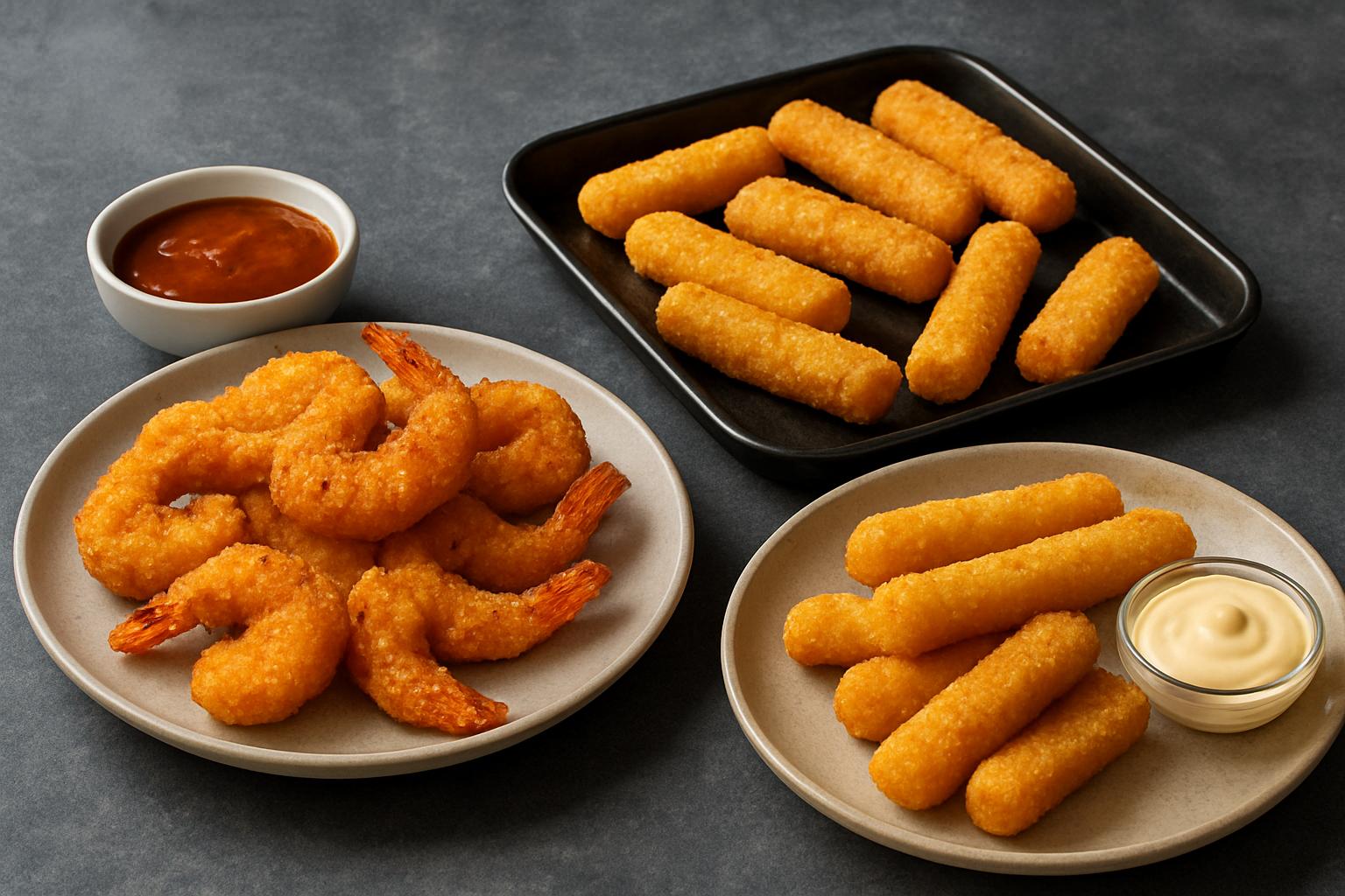Снеки к напиткам: криспи-креветки/сырные палочки/моцарелла-стики — технологии и подача  . Фритюр, запекание или аэрогриль — что выбрать